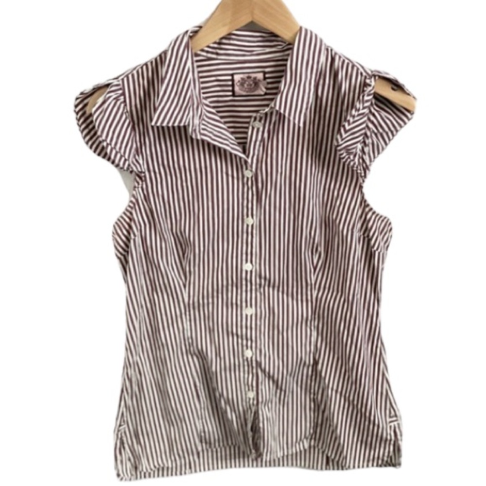 Juicy Couture Burgundy & White Striped Ruffle Sleeve Button Down Top NWOT - Picture 3 of 5